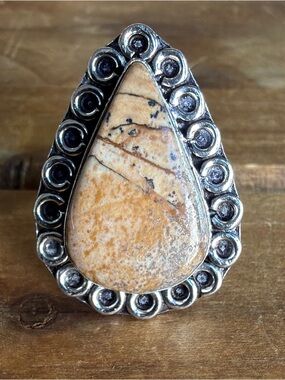 Women Fashion Jewelry Picture Jasper Gemstone Ring Adjustable Size 8 Silver 925